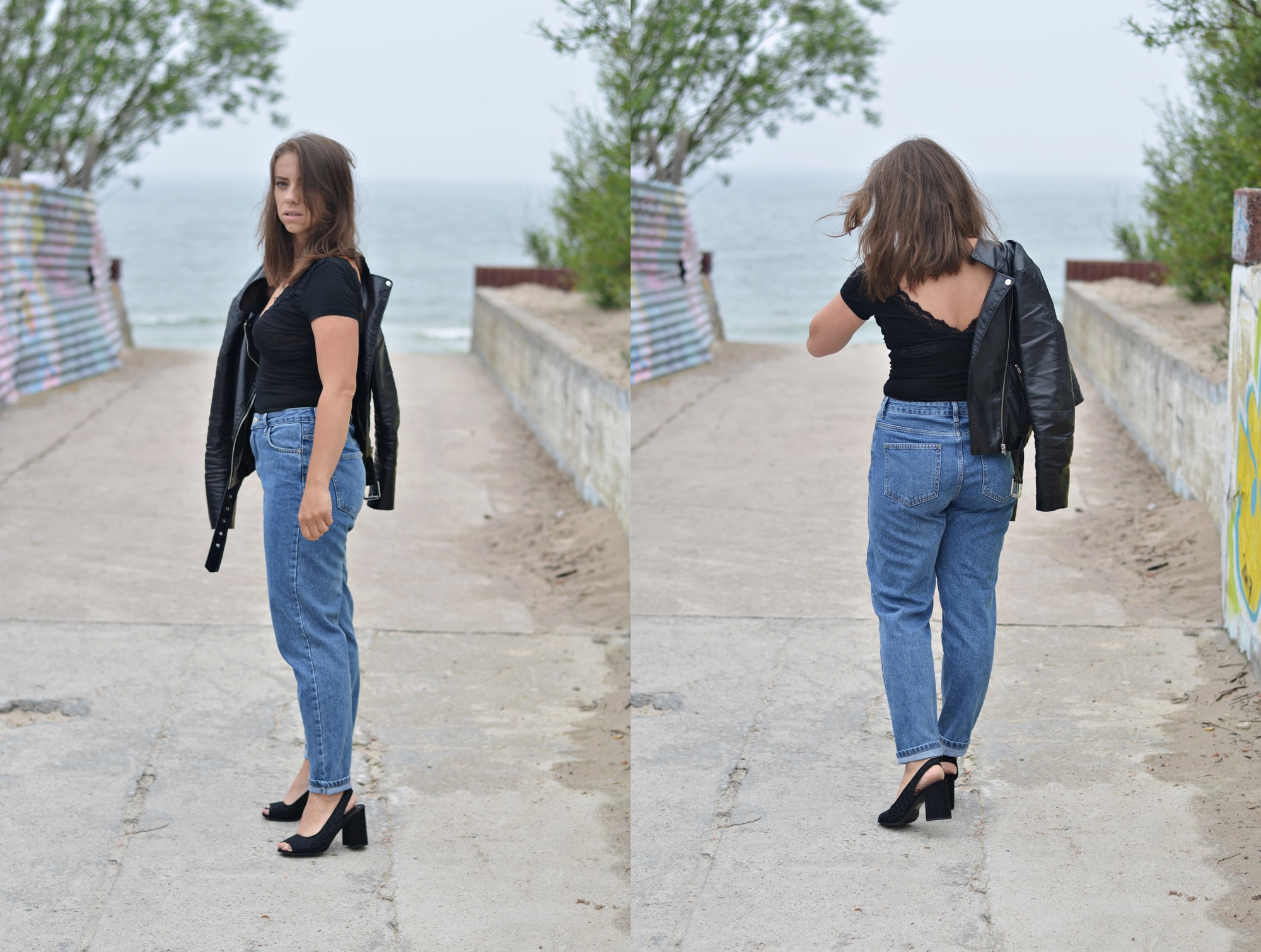 czarna ramoneska w stylizacji ze spodniami fit mom