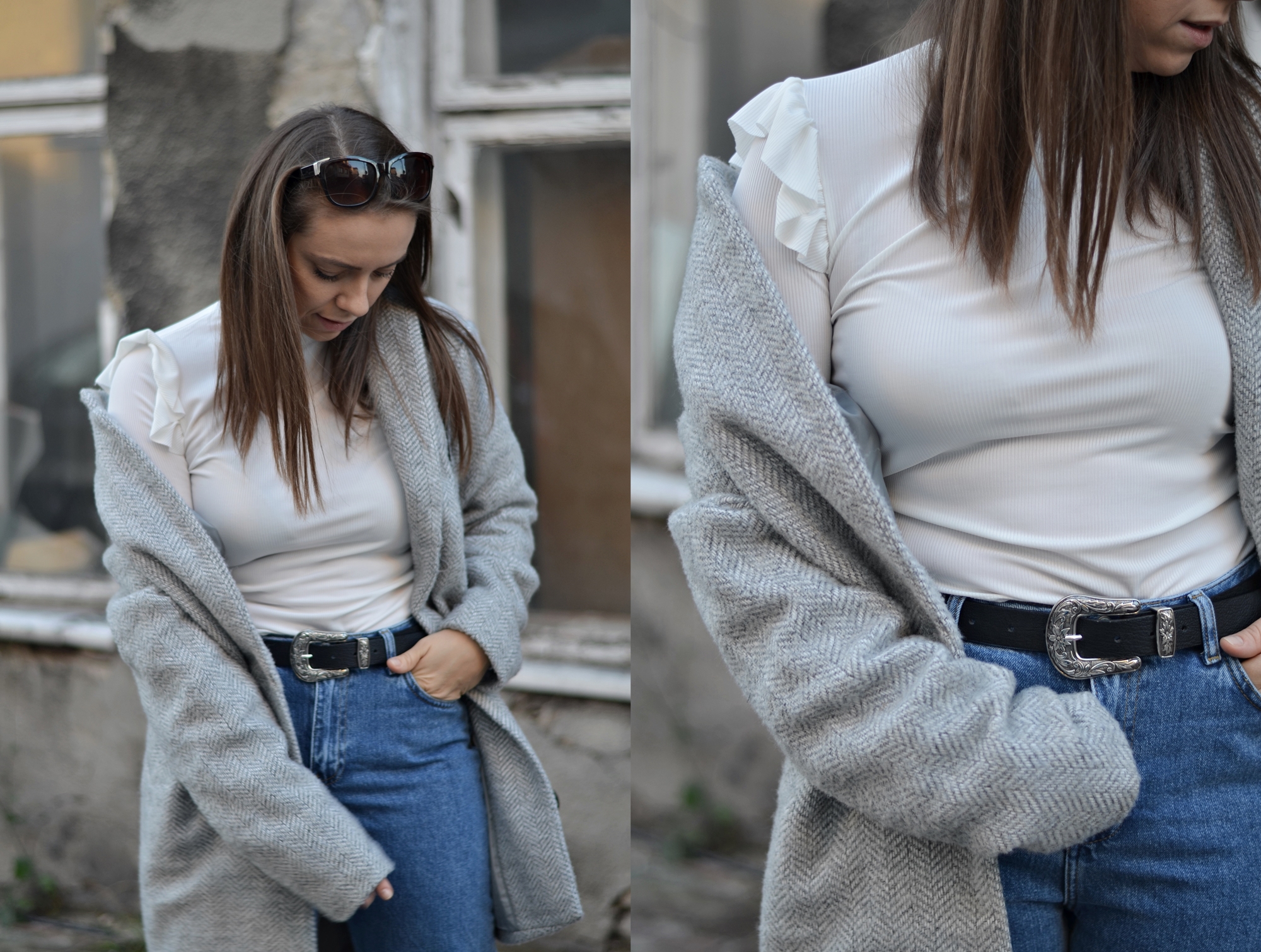 stylizacja z białą bluzką biała bluzka z falbanami