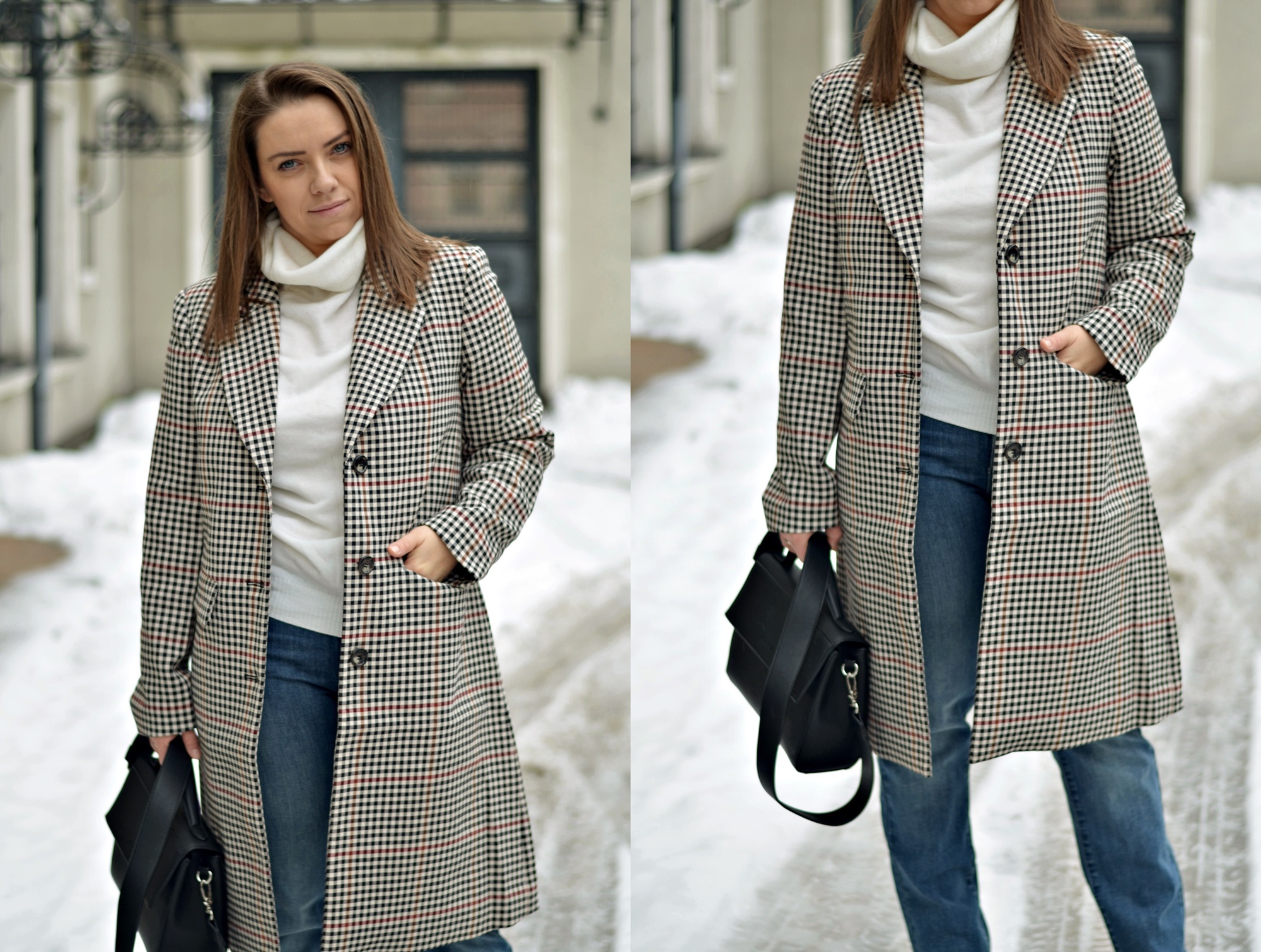 biały golf w stylizacji płaszcz w kratę w stylizacji